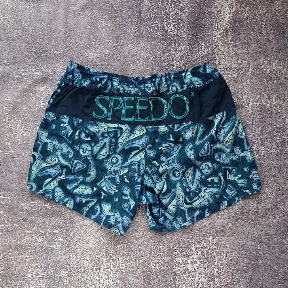 Vintage Speedo Blue Patterned Swim Shorts FUNKY PATTERN 90s - Picture 1 of 8